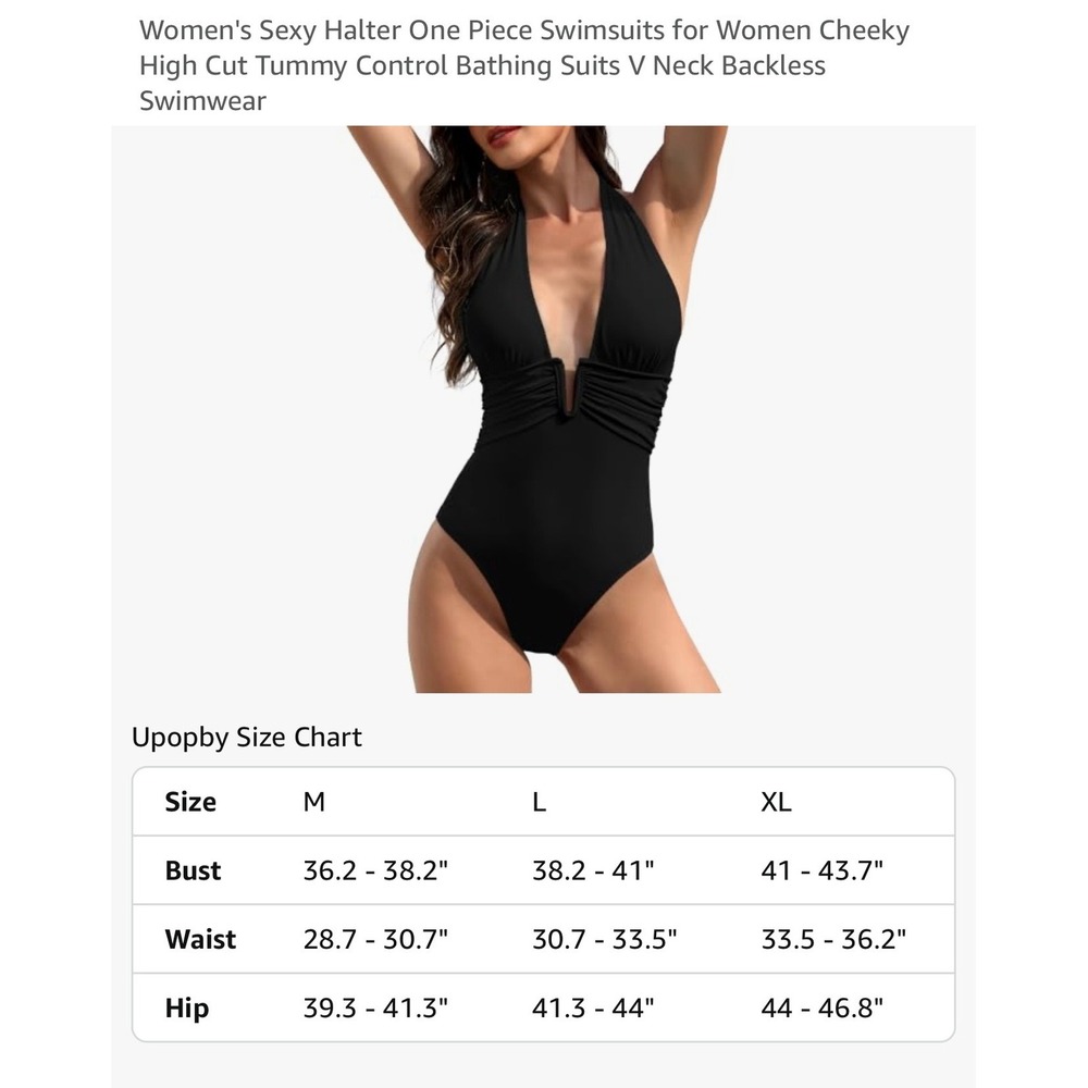 Upopby Womens Black Halter One Piece Swimsuit‎ High Leg Plunge V-Neck Ruched L